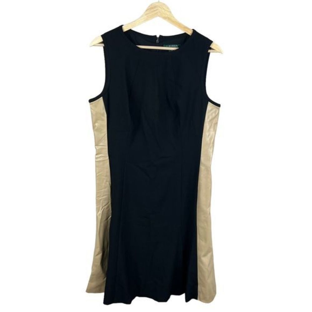 Lauren Ralph Lauren Black Tan‎ Faux Leather Side Sleeveless A-Line Dress 14